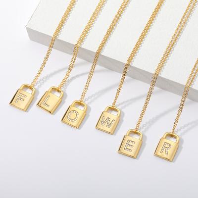 China Cheap Price CLASSIC Gold Padlock Zircon Necklace Personalized Engraved English Initial Alphabet Letter Lock Necklace for sale