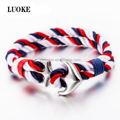 China TRENDY Navy Style Stainless Steel Anchor Bracelet Nylon Rope Woven Cotton Rope Fashion Bracelet for sale