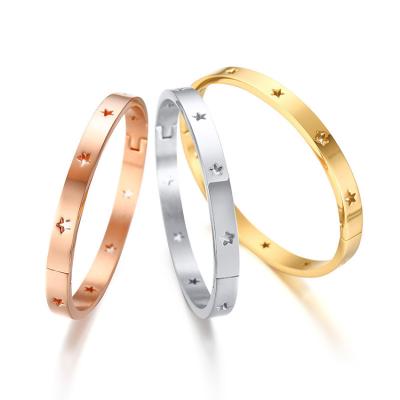 China Rose Gold /Gold/Silver Stainless Steel CLASSIC Hollow Star Bracelets Women Custom Hollow Star Bangle Bracelets for sale