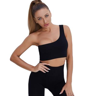 China Wholesale Breathable Women's 2 Pieces Fit Workout One-Shoulder Crop Top High Waist Yoga Long Legging Sets for sale