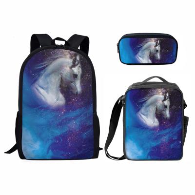 China Waterproof galaxy horse print fabric backpack school bag for kid boys school bag lunch box and pencil case set for kids wholesale for sale