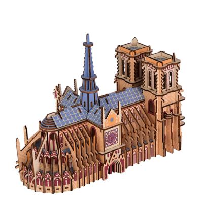 China High Quality Eco-friendly Laser Cut Wood Puzzle Wooden Toys 4 Piece Set 3d Jigsaw Puzzle Models Wooden Lady Cathedral Kids for sale