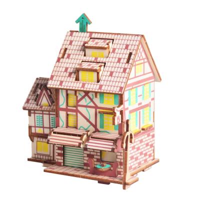 China Eco-friendly Natural Tiny House Collection Wooden 3D Laser Cut Wooden Jigsaw Craft Building Jigsaw Set for sale