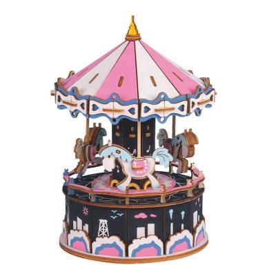 China Laser Cut Christmas Valentine's Day Wooden Puzzle Music Box Eco-friendly Wooden Merry Go Round Puzzle for sale