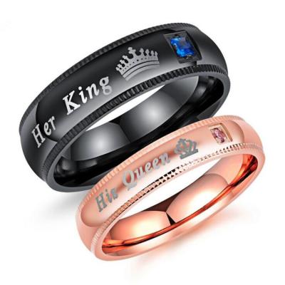 China Fashion Rose Gold Luxury Titanium Steel black Diamond Rings Wholesale Couple Rings His King His Queen Rings for Marry Men for sale