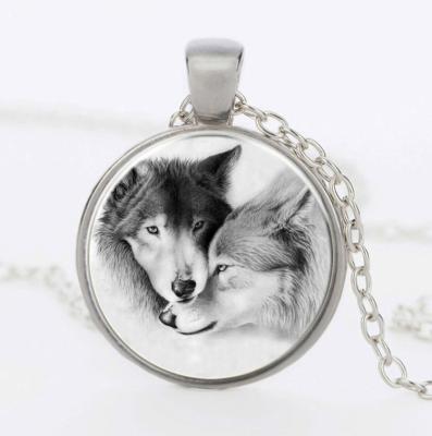 China Wholesale Black And White Casual/Sporty Hot Jewelry Wolf Couple Glass Pendant Necklace Mens And Womens Double Time Gemstone Necklace for sale