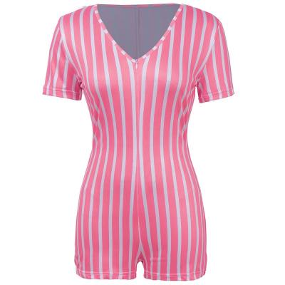 China Pink QUICK DRY stripe short sleeve onesie for women rompers sexy women onesie jumpsuit zipper designer onesie adult for sale