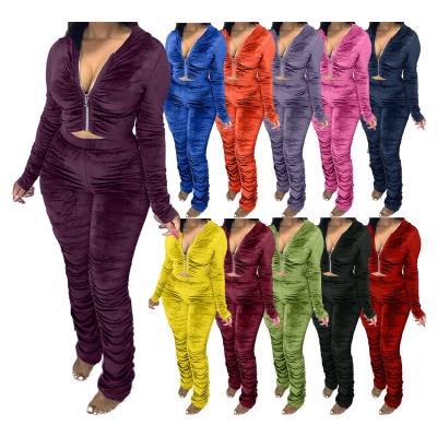 China RUIYI Winter Wear Breathable Wholesale Fashion Pleated Velvet Tracksuit Two Piece Women Stacked Leisure Clothing Set for sale