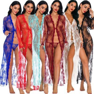 China RUIYI Amazon Women's Pajamas Lace Pajamas Long Robe Nightgown Long Robe Sexy Transparent Nightgown Sleepwear QUICK DRY Soft Long Robe for sale