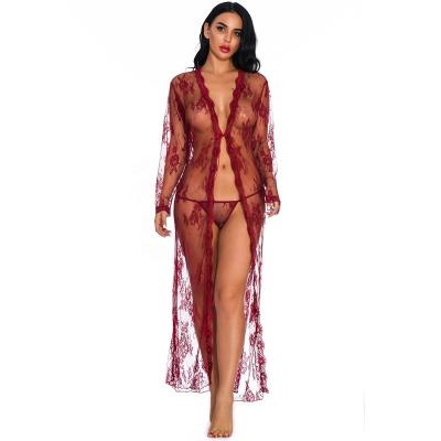 China Holiday Robe Wholesale Burgundy Lace Robes Long Sleeves With Lace Trim Sleepwear Bathrobes For Women Lace Up Robes for sale