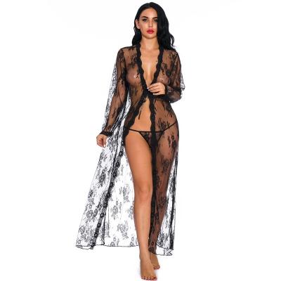 China Holiday Robe 2020 Custom Black Lace Robes Long Sleeves with Lace Trim Knee-Length Bathrobes Sleepwear for Women Lace Up Robes for sale