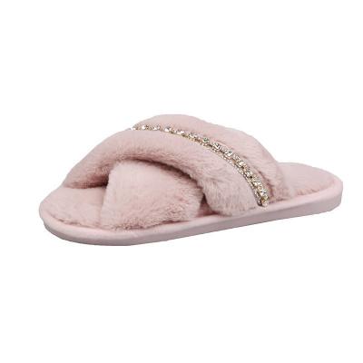 China Fashion Trend New Winter Ladies Fashion Home Slippers Anti-skid Rhinestone Warm Flat Slippers For Women for sale