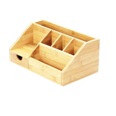 China Hot Selling Nature Kitchen Bedroom Table Desk Stationery Storage Bamboo Wood Rack Bamboo Desk Organizer With Drawer Tray for sale