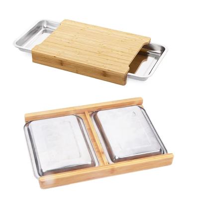 China Large Sustainable Bamboo Cutting Board with 2 304 Stainless Steel Tray Panel Set Bamboo Cutting Board with Tray for sale