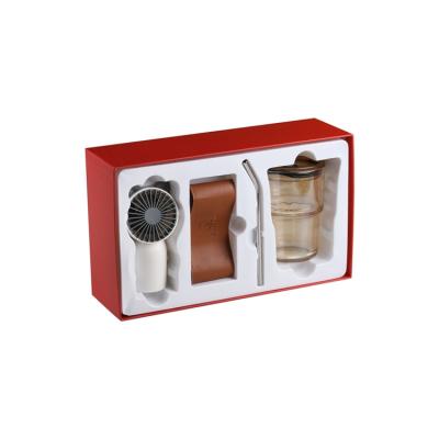 China High End Multifunctional Hotel And Resort China Supplier Gift Set Metal Straw Glass Cup Fan Gift Box for sale