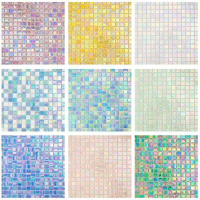 China Modern Glass Pool Wall Greens Mix Mosaic Kitchen Backsplash Square Iridescent Glass Mosaic Tile for sale