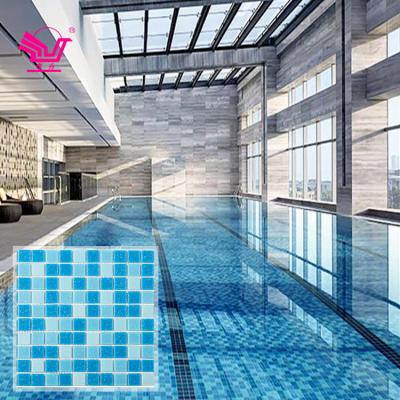 China Modern Outer Wall 327*327*4mm Mix Blue Glazed Glass Mosaic Tile For Swimming Pool for sale