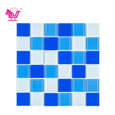 China Crystal Glass Mosaic Tile Trim For Modern Hotel Bathroom White And Blue Mixed Pool for sale