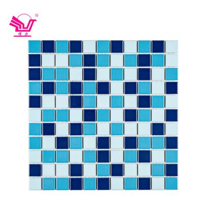 China Modern high quality luster face bathroom mosaics tile 25*25mm ceramic blue mixed mosaic tile for sale