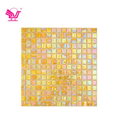 China High End Glossy Modern Yellow Multicolor Glass Backsplash Square Kitchen Mosaic Tile for sale