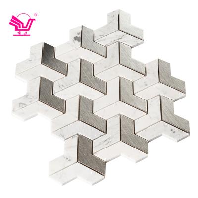 China Modern Hotel Durable Carrara White Stone Mixed Metal Color Tiles Marbles Mosaic For Kitchen for sale