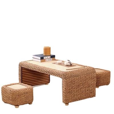 China Home Furniture Modern Design Style end Natural Wood Frame Straw Woven Artistic Japanese Style Coffee Table for Living Room for sale