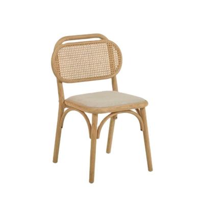 China Silla de comedor de estilo vintage en madera natural con asiento de tela y respaldo de rotín real W47*D51*H82.5CM en venta