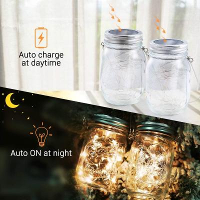 China Garden Mason Jar Lights Solar, 30 LED Solar String Fairy Lights with Hangers, Outdoor Solar Table Light Lantern Firefly Waterproof Jar for sale