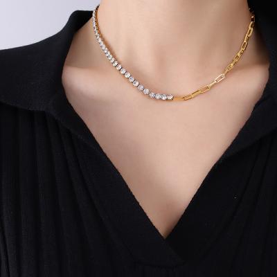 China Other Retro Minority Real Light Luxury Zircon Necklace Titanium Design 18K Gold Splicing Steel Plated Neck Chain for sale