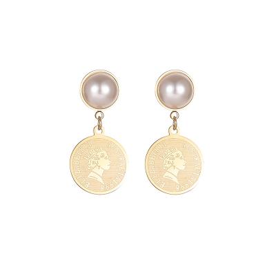 China European FASHIONABLE Portrait Retro Imitation Coin Relief Pearl 14K Gold Plated Elegant Stainless Steel Stud Earrings for sale