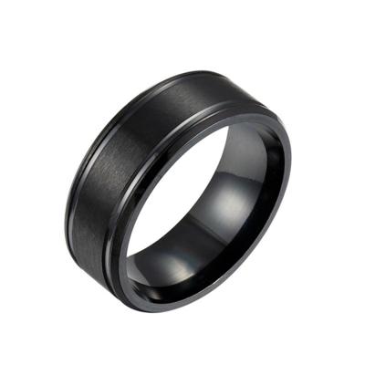 China Environmental Friendly Stainless Steel Matte 8mm Wide Double Beveled Simple Black Ring Men's Engagement Ring for sale