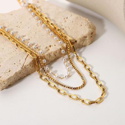 China Environmental Friendly Most Popular 18K Gold Stainless Steel Small Pearl Chain Triple Necklace For Women for sale