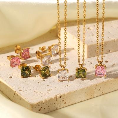 China Environmental Friendly Green White Square Cubic Zirconia Rose Stainless Steel 18K Gold Pendant Necklace For Women for sale