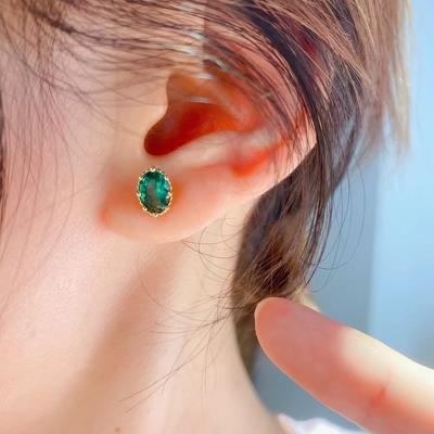 China Environmental Friendly S925 Sterling Silver Plated 14K Gold Green Zircon Inlaid Temperament Retro Oval Earrings for sale