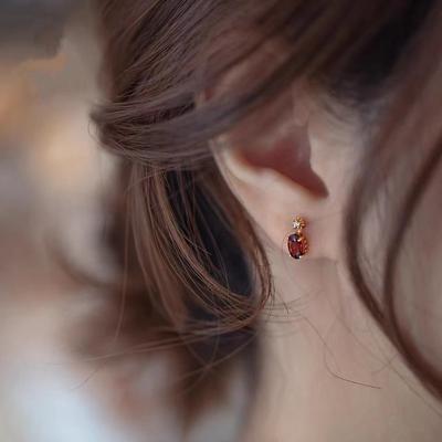 China S925 Sterling Silver Plated 14K Gold Rose Red Pomegranate Retro Palace Fashion Environmental Friendly Stud Earrings for sale