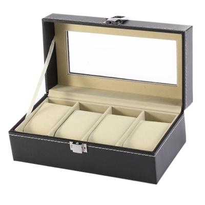 China Watch Box 4 Slot Storage Display Case Wrist Pill Black PU Packaging Top Men Glass Leather Watch Box for sale