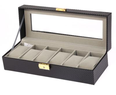 China High Grade Black Carbon Fiber Watch Box Gray Velvet With Key Design 6 Slot Leather Watch Box for sale