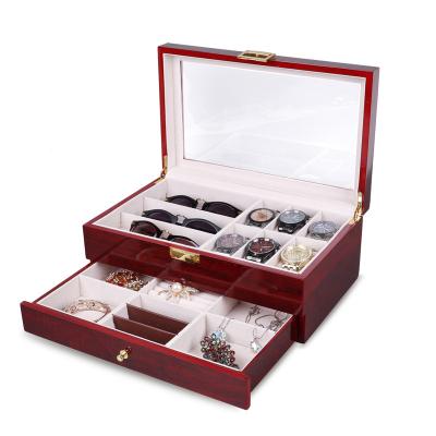 China Wood Watch Box 6 Drawer 3 Drawer Jewelry Glasses Storage Box Luxury Glossy Lacquered Wooden Glass for sale