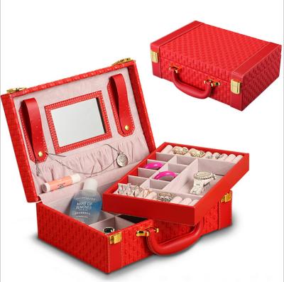 China Portable Woven Leather Travel Box Gift Ornament Jewelry Box With Mirror for sale