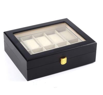 China Matt Lacquered Watch Wooden Box 10 Slot Matt Lacquered Beautiful Black Wooden Watch Storage Display Box With Glass Lid for sale