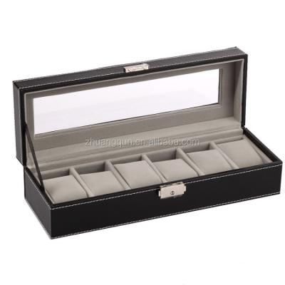 China Luxury 6 Style Watch Box Men's Watch Display Box Black Leather Glass Top Jewelry Case Organizer for sale