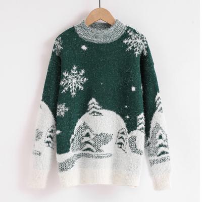 China Ottoknit Design Chunky Knit Green Mohair Jacquard Sweater Fuzzy Ugly Christmas Sweater For Women Anti-Wrinkle New for sale