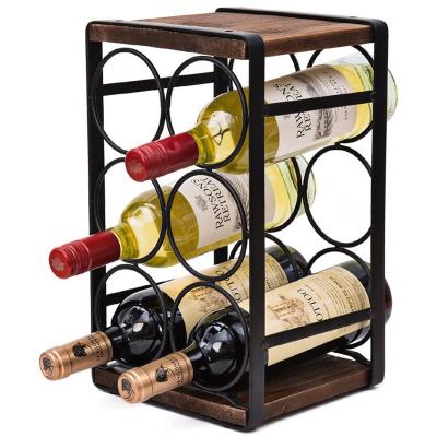 China Sustainable Rustic Wooden Countertop Wine Rack 6 Bottles No Need Assembly Wine Racks Grape Wine Display Stand for sale