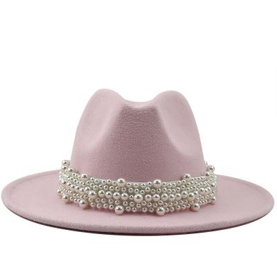 China Image Wool Jazz Fedora Hat Lady Winter Autumn Wide Brim Felt Hat With Pearl for sale