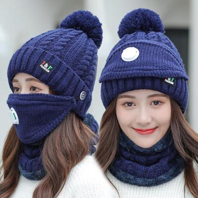 China JOINT Wholesale Latest Women Knitted Hat Furball Cute Winter Warm Hat With Wind Mask Soft Warm Thicken Hat for sale