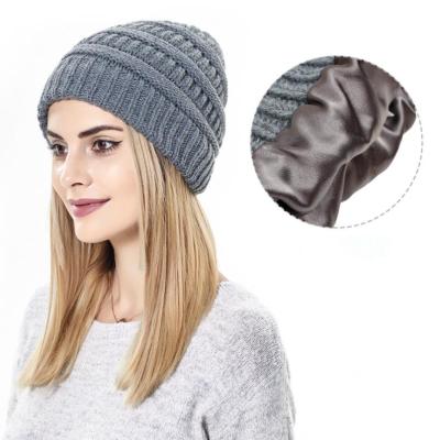 China COMMON Women Winter Hats Satin Striped Knitted Round Hats Knitted Beanie Slouchy Knit Hat for sale