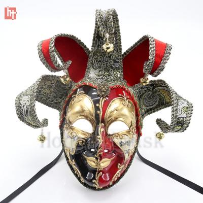 China Plastic Mask & Ribbon Tie or Elestic Band Black Jester Mask Hand Painted Plastic Red Venetian Masquerade A202148E for sale