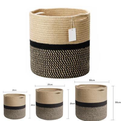 China Sustainable High Quality Handmade Cotton Rope Woven Around Cotton Rope Storage Laundry Basket With Handles for sale