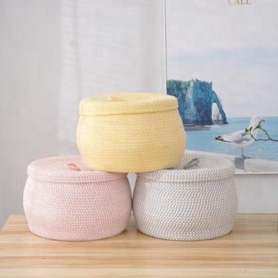 China Household Bathroom Laundry Sustainable Clothes Woven Storage Organizer Blanket Makeup Cotton Rope Storage Basket With Cover for sale