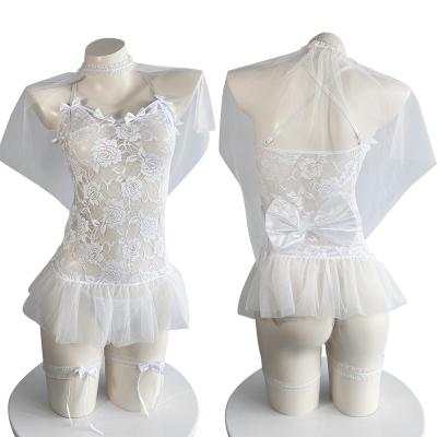 China Breathable Wholesale Women's Sexy Polyester Bodysuit with Lace Decoration Transparent Tulle 5-Piece Set Underwear Mature Women's Underwear for sale